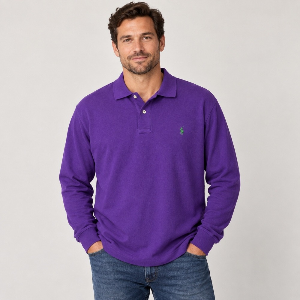 Polo Ralph Lauren Long Sleeve Polo Mens Large Purple Green Pony Logo Classic Fit
